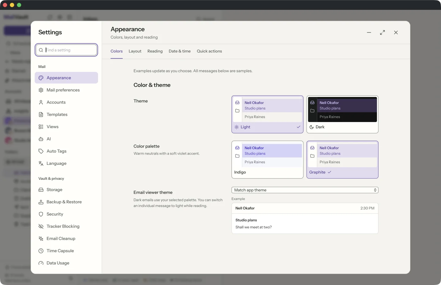 MailVault appearance settings with dark mode toggle, email viewer theme, and date and time format pickers