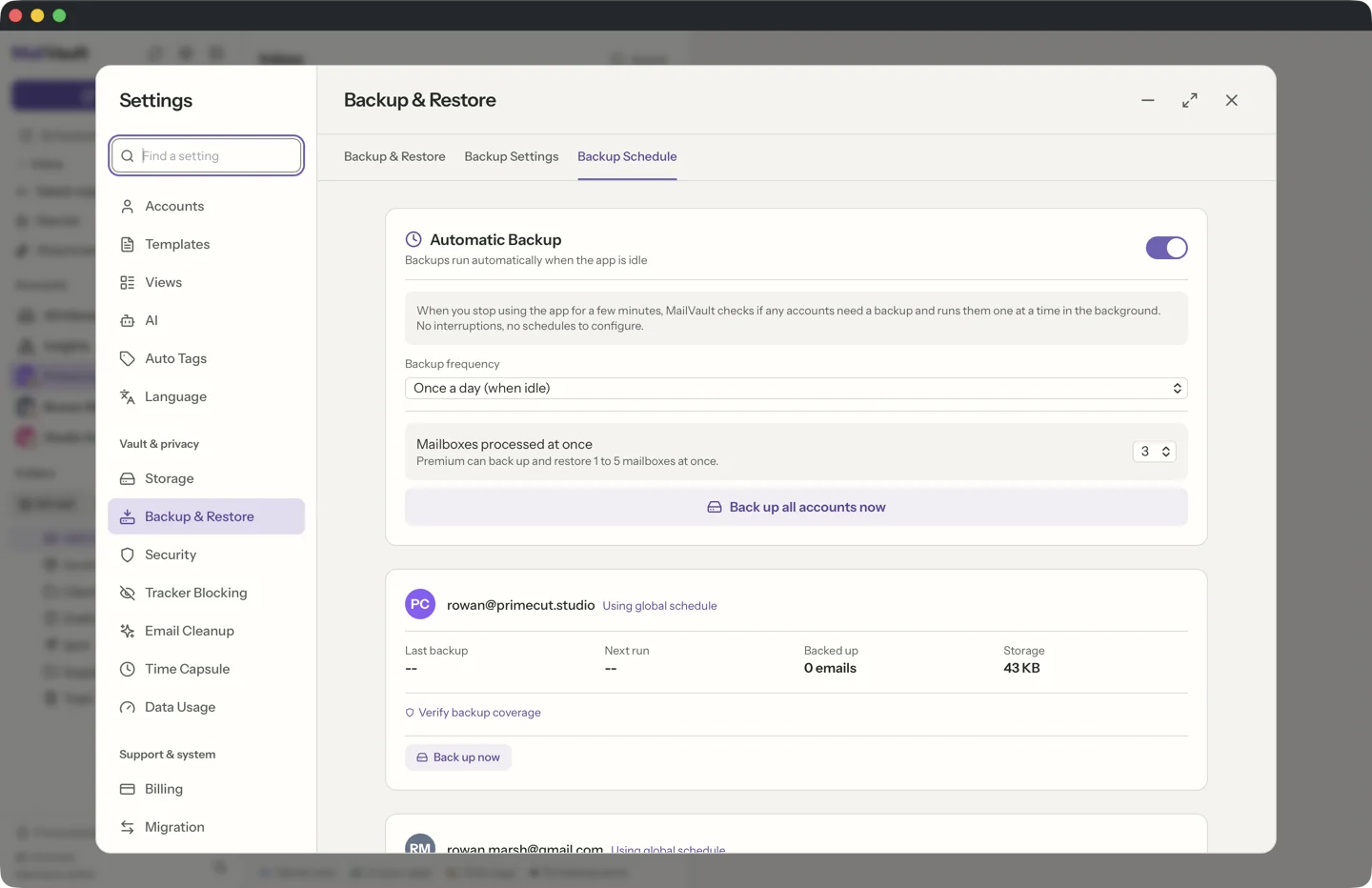MailVault backup scheduling settings. · MailVault version 2.16.0