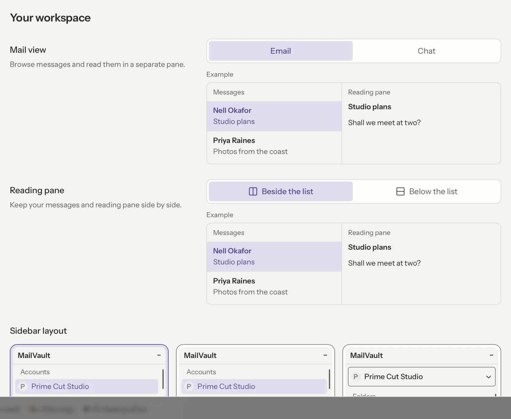 Layout settings with mail view, reading pane and sidebar options