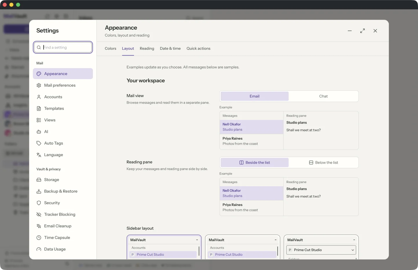 MailVault Settings Appearance Layout section, showing reading pane, message rows, sidebar layout and density options · MailVault version 2.16.0