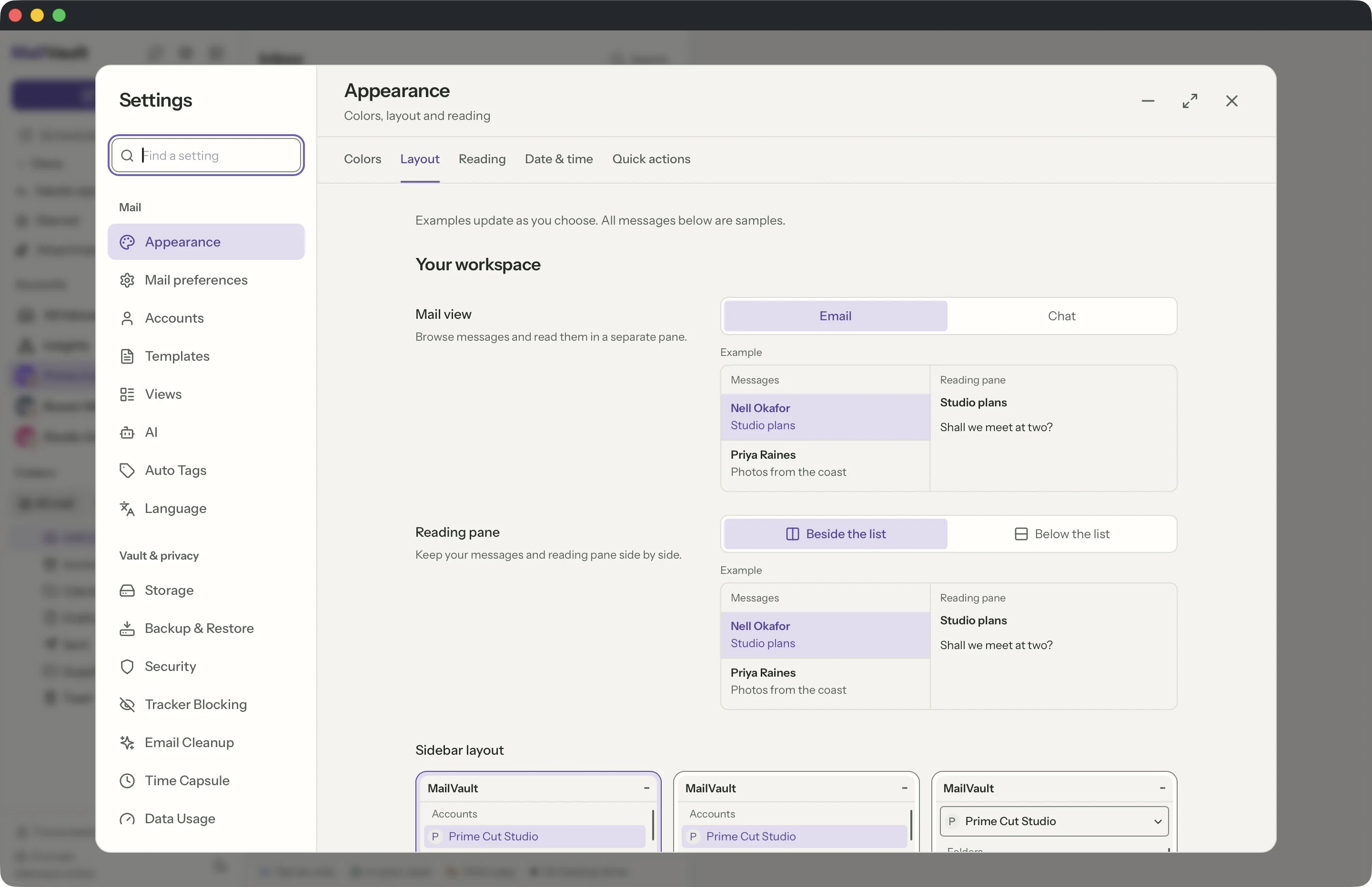 Layouts in the MailVault window