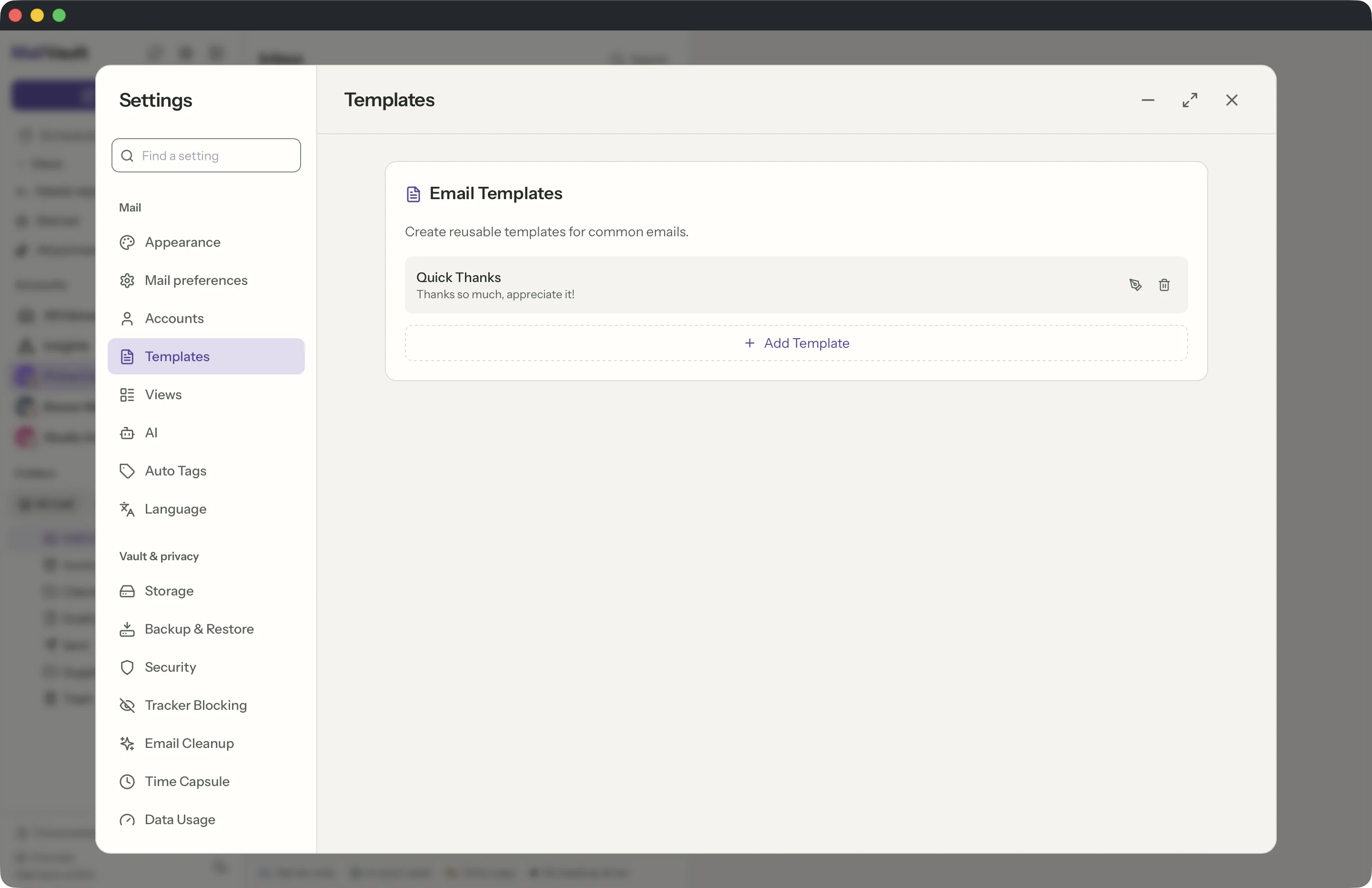 Templates in the MailVault window