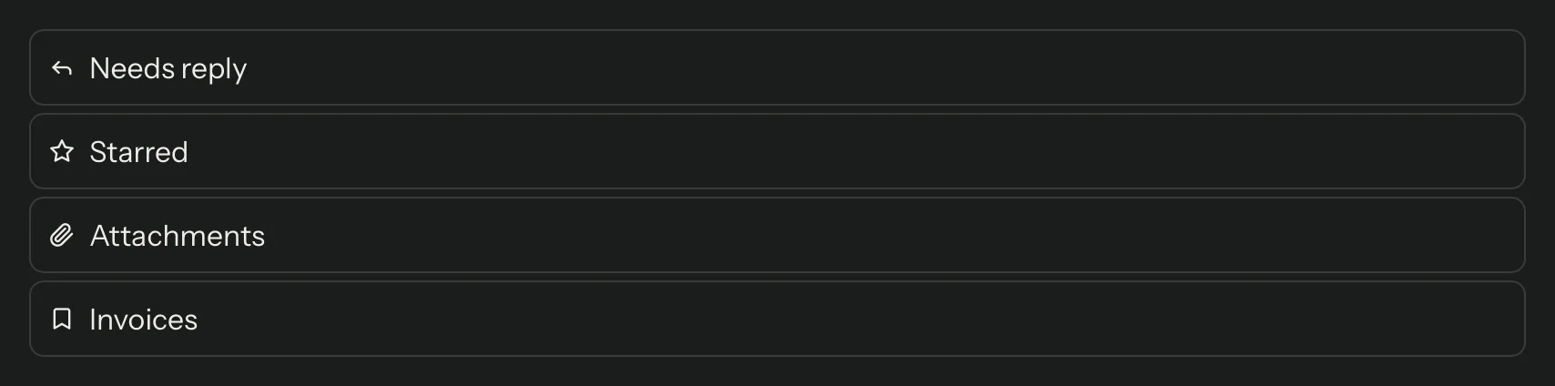 Saved views list with Needs reply, Starred, Attachments and a custom Invoices view
