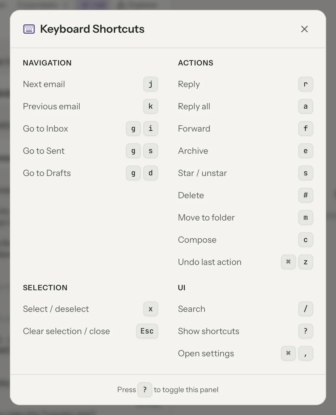 Keyboard shortcuts in MailVault, close up