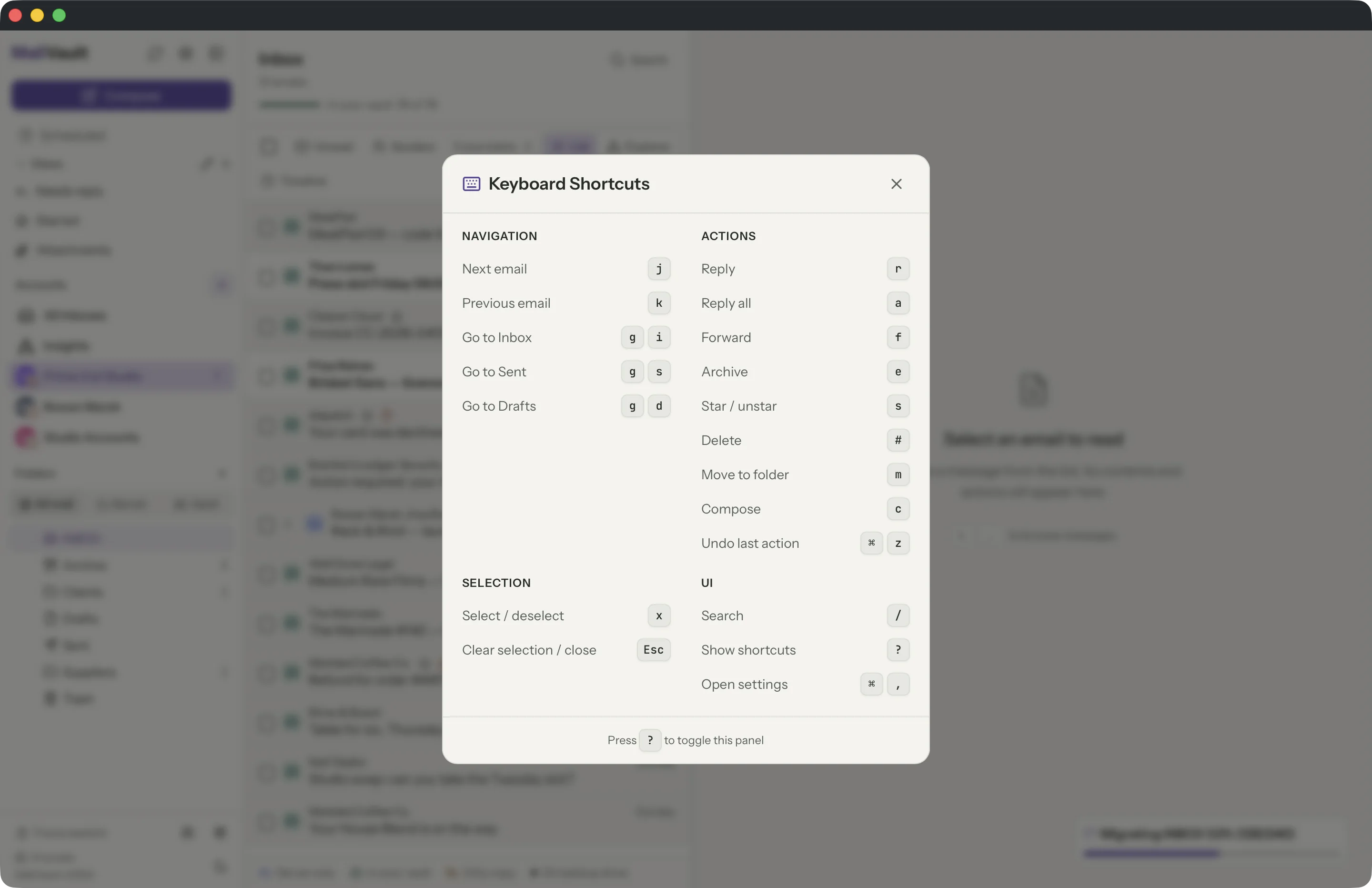Keyboard shortcuts in the MailVault window
