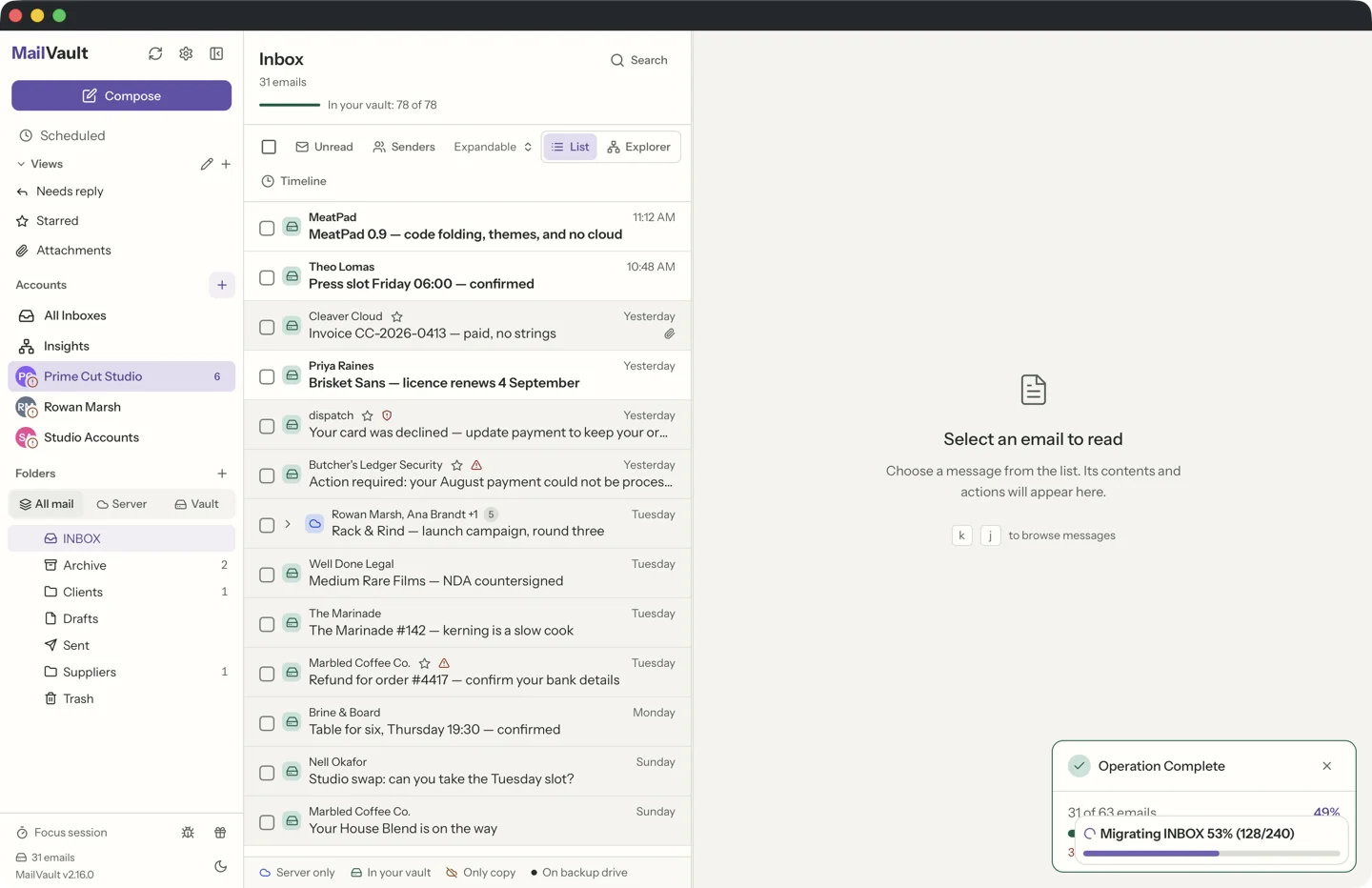 MailVault inbox showing per-message state icons for server-only, archived locally, and local-only emails