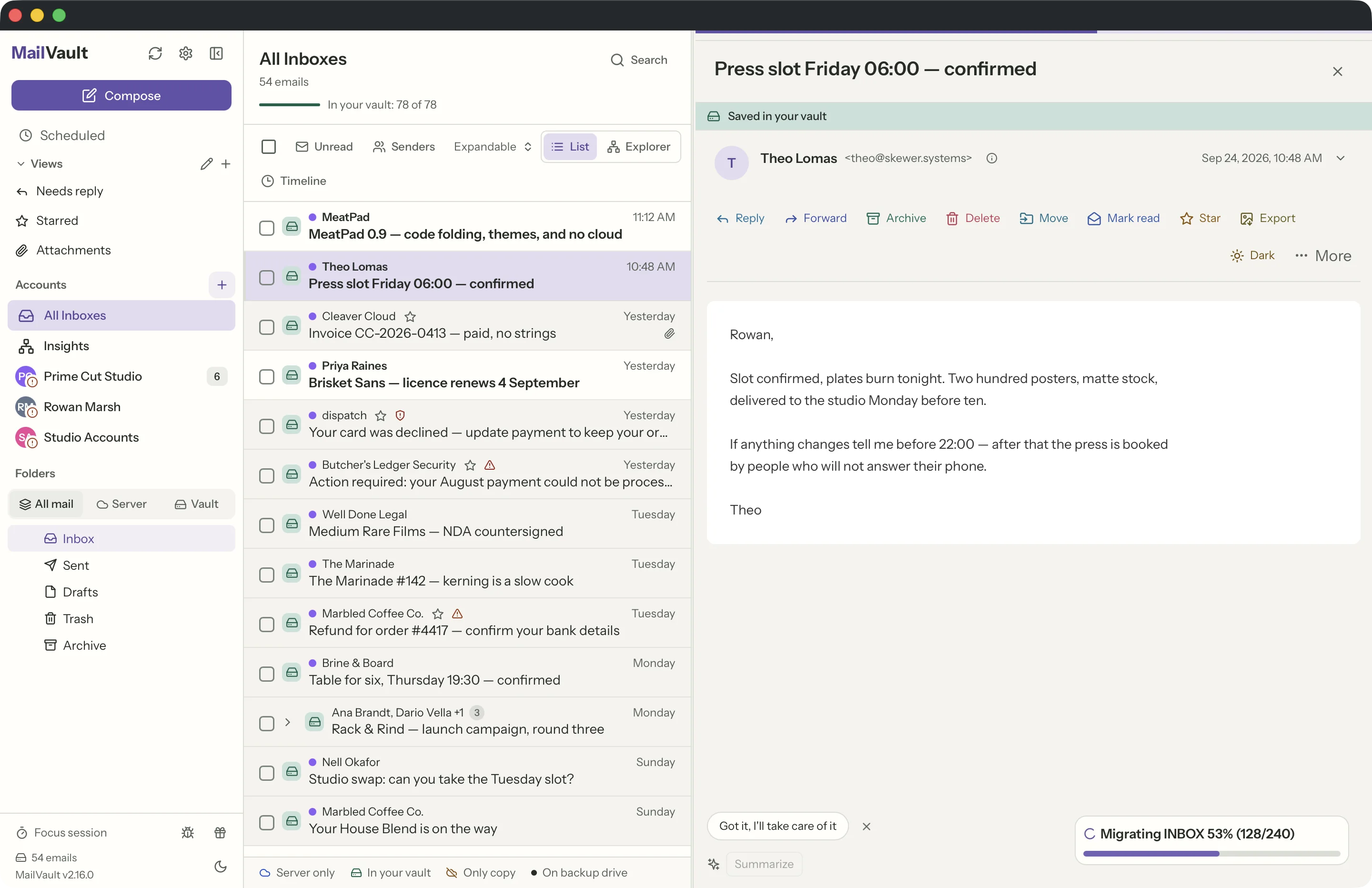 Unified inbox in the MailVault window