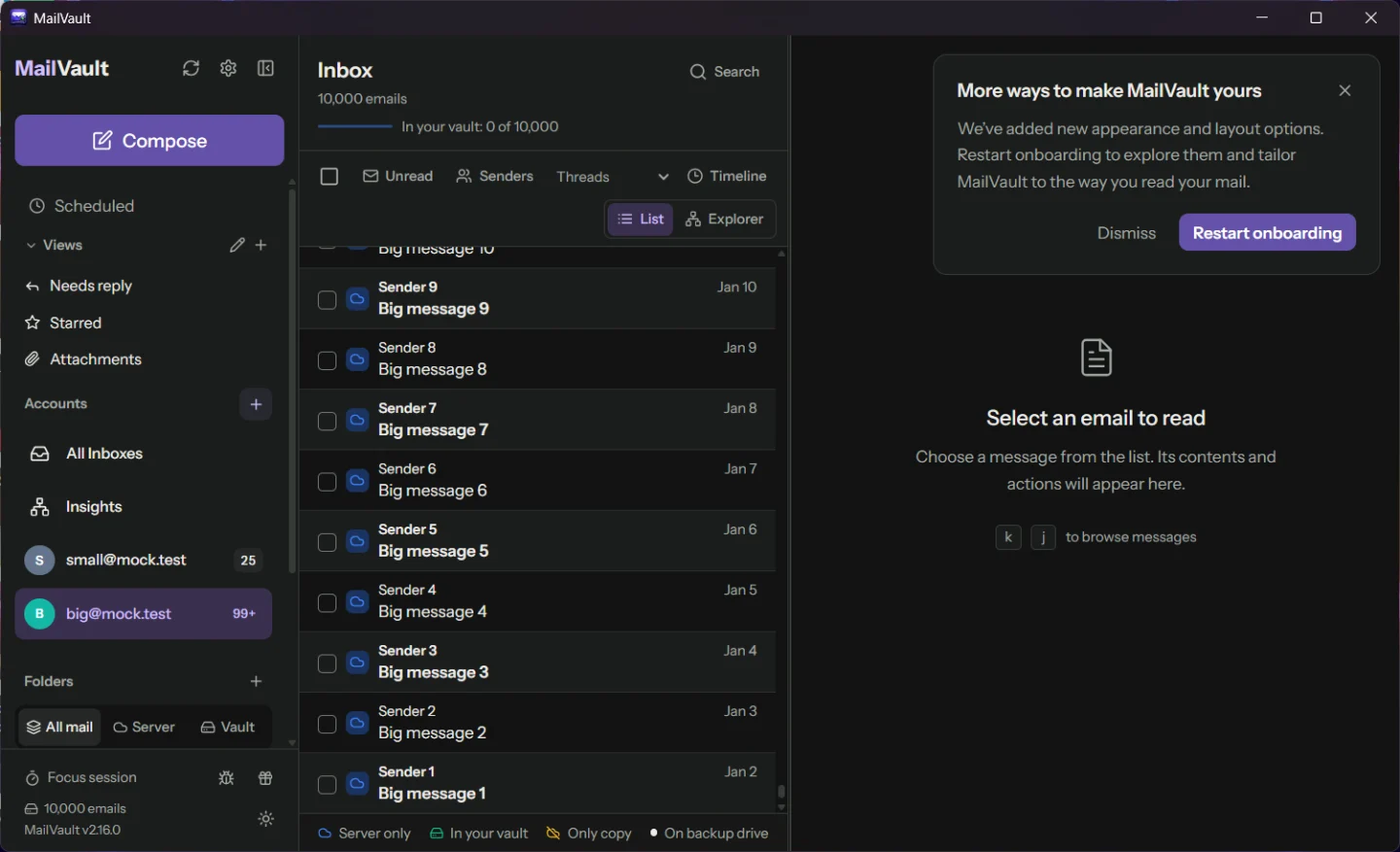 MailVault on Windows 11 with the large test account selected. The inbox header reads 10,000 emails and the list shows the oldest test messages at the bottom.