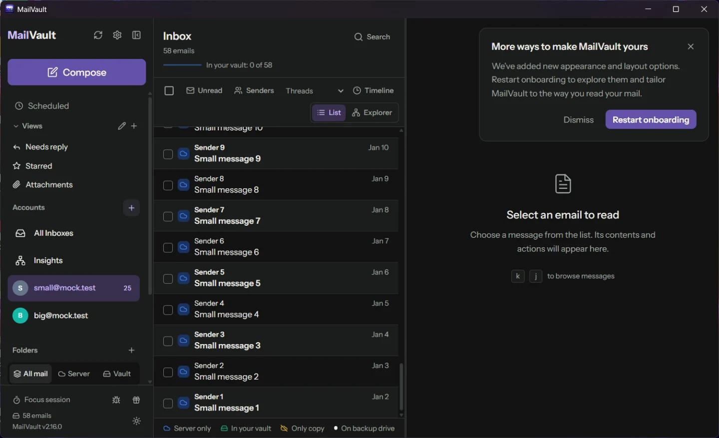 MailVault on Windows 11 showing the small test inbox with 58 emails, two test accounts in the sidebar and an empty reading pane.